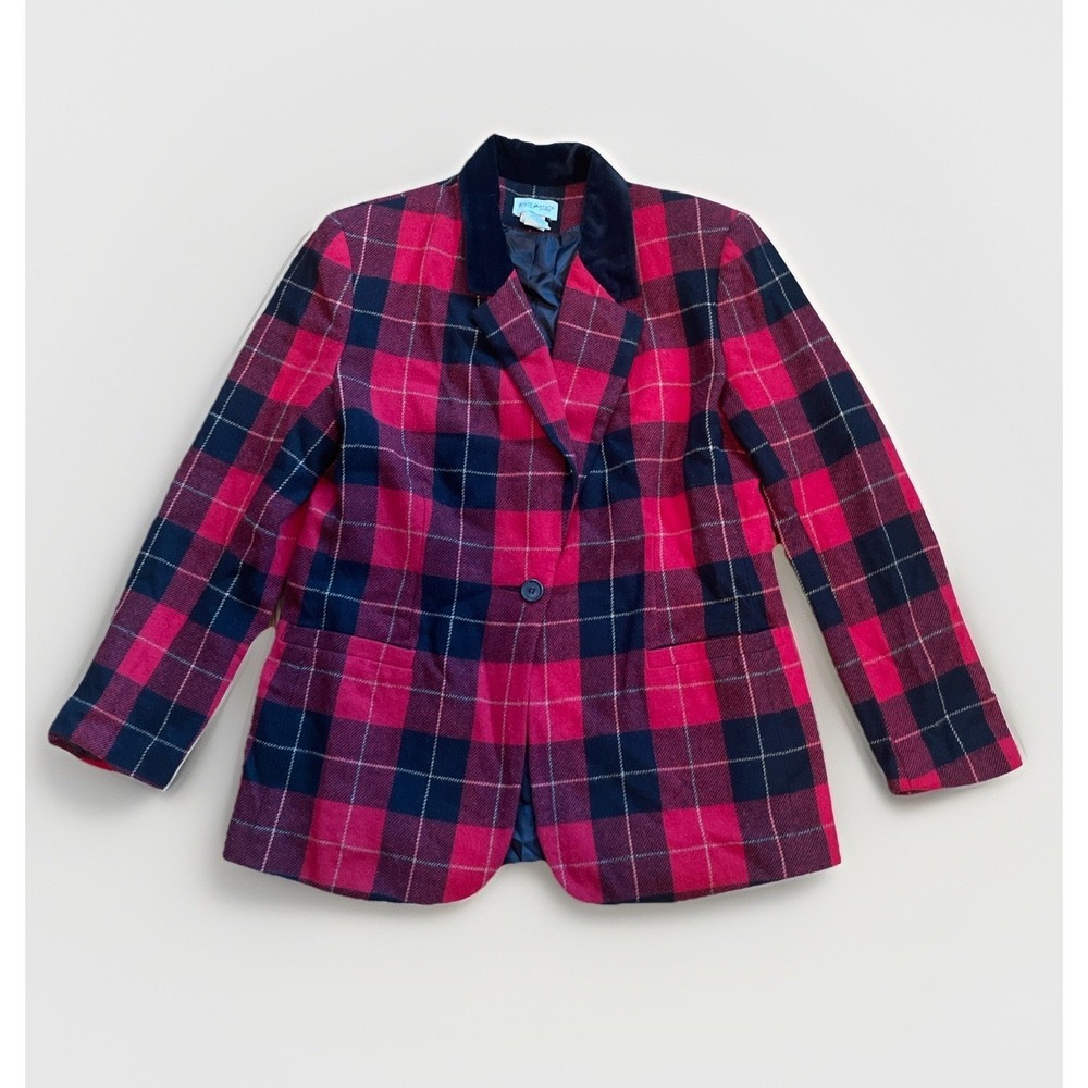 Vtg White Stag Red Plaid Wool Velvet Trim Padded Shoulder Blazer Size 8 Preppy